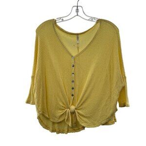 MTS Women's Oversized Waffle Knit Lightwight Knotted Hem Top Yellow Size Small